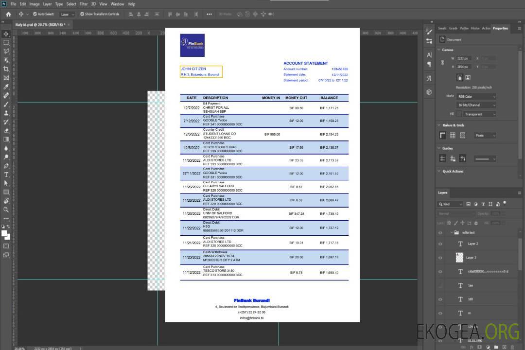 Relevé bancaire de la Finbank du Burundi template Relevé bancaire de la Finbank du Burundi template